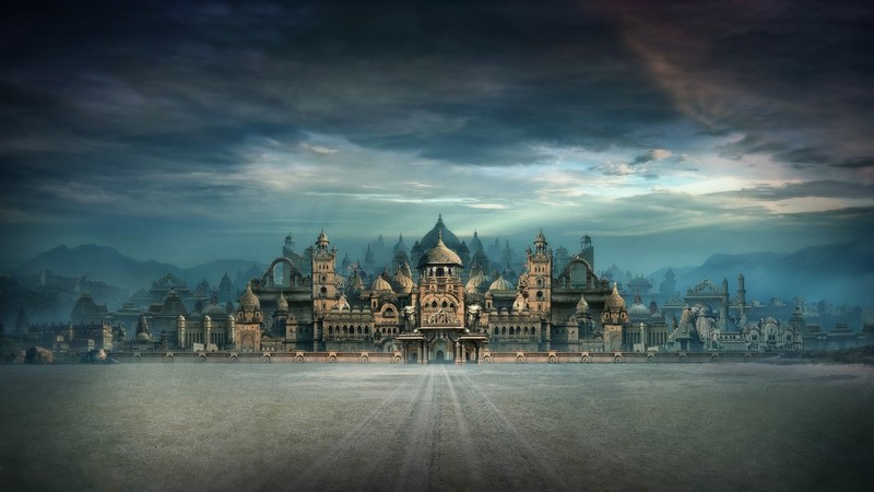 digital art, artwork, cityscape, dark, sky, temple
