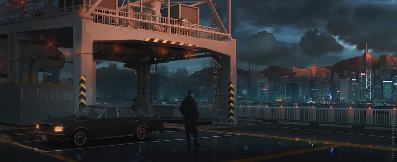 men, city, car, digital, artwork
