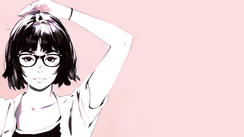 Ilya Kuvshinov, digital art, anime girls, simple background, glasses, dark hair, anime, frontal view