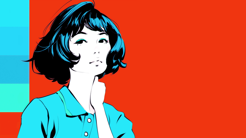 Ilya Kuvshinov, digital art, anime girls, anime, red background, dark hair, red, cyan