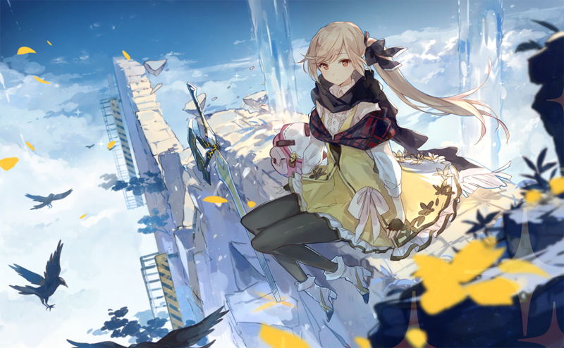 anime, anime girls, sitting, blonde, birds