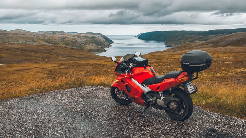 honda, motorcycle, bike, mountains, sea, travel, 4k