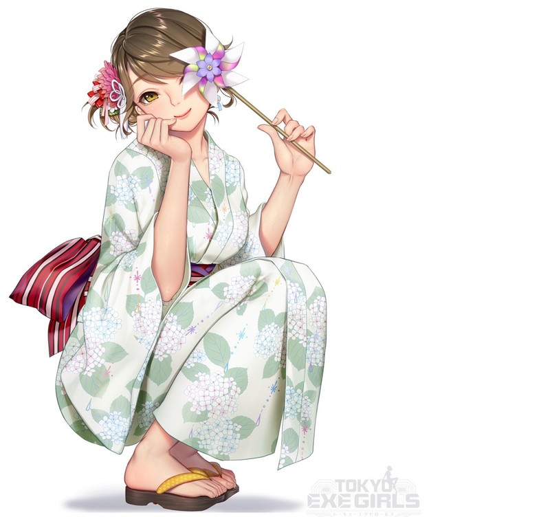 anime, anime girls, simple background, squatting, flower in hair, white background, masamichie
