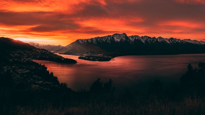 mountains, sunset, lake, sky, fiery, New Zealand, orange