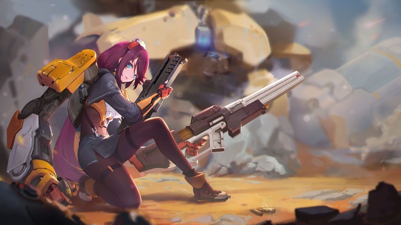 anime girls, anime, original characters, blue eyes, purple eyes, gun, weapon, long hair