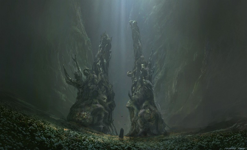 environment, fantasy art, sculpture, lights, birds, cave, digital art, artwork