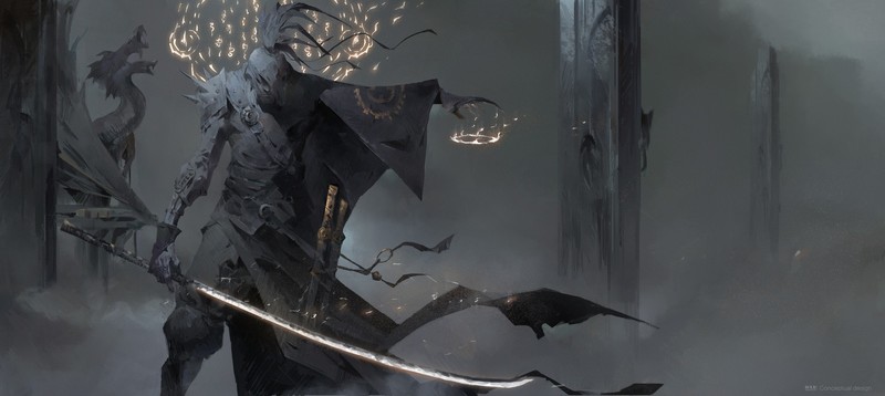 samurai, dragon, katana, monochrome, weapon, fantasy art, Zhihui Su