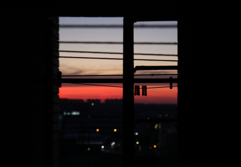 window, city, sunrise, lights, bokeh, blurred, clothespin