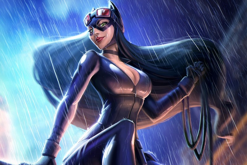 Catwoman, boobs, big boobs, rain, long hair, mask