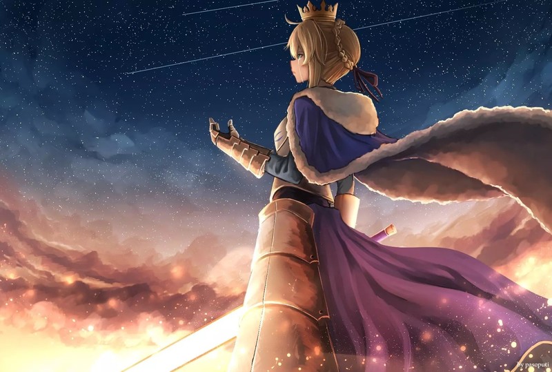 Saber, Fate/Stay Night, anime girls, sky, blonde, crown, Armored, anime