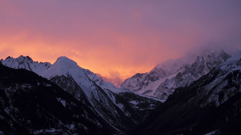 mountains, fog, snow, dusk, 4k