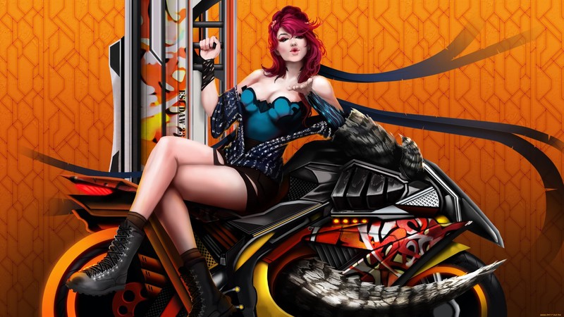 motorcycle, legs crossed, women, artwork