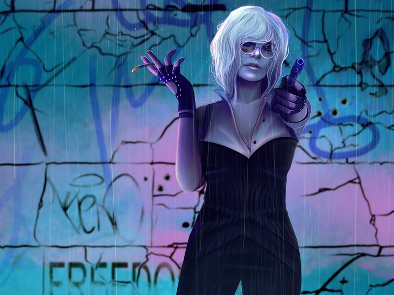 artwork, women, gun, smoking, glasses, Atomic Blonde (Movie), cyan