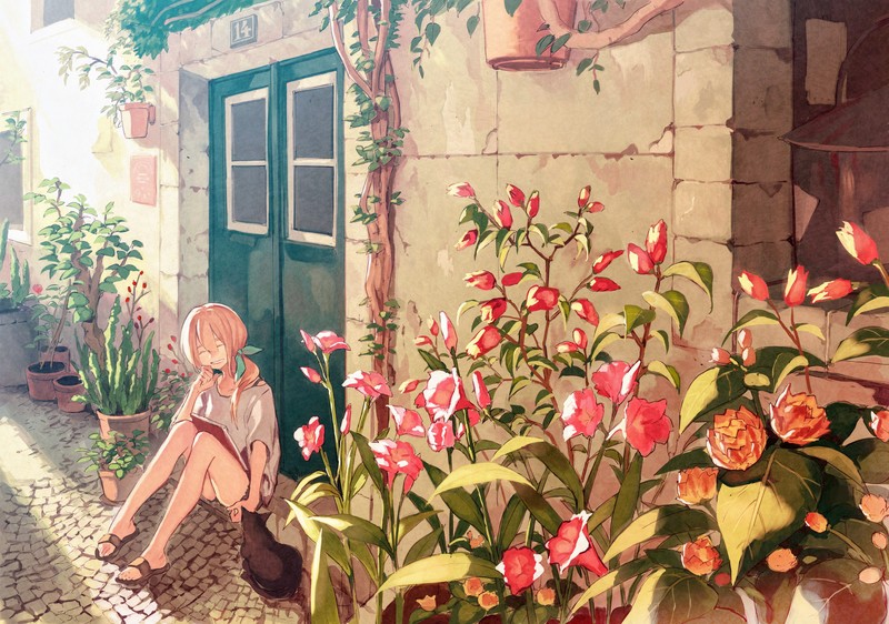 flowers, smiling, anime girls, legs, cats, plants, anime, outdoors, house