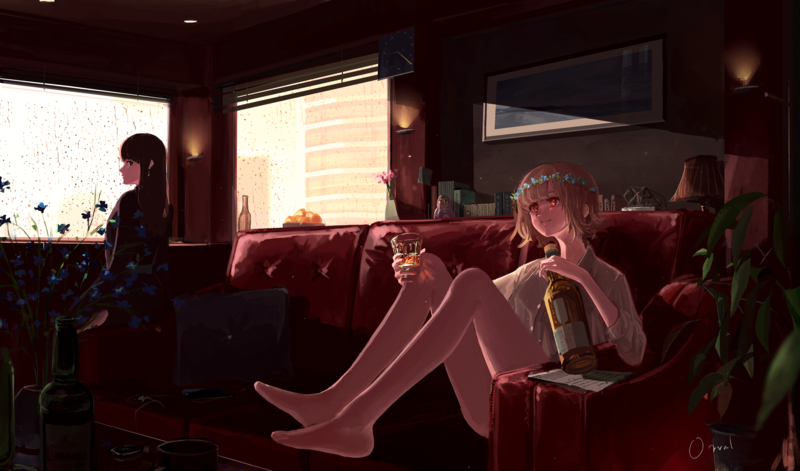 anime, anime girls, indoors, barefoot, window, room, legs