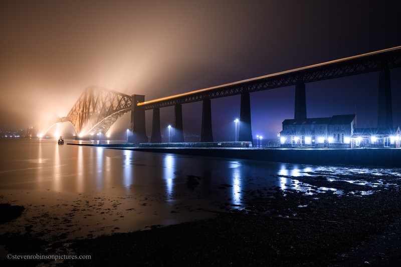 night, mist, bridge, lights, reflection, water, outdoors