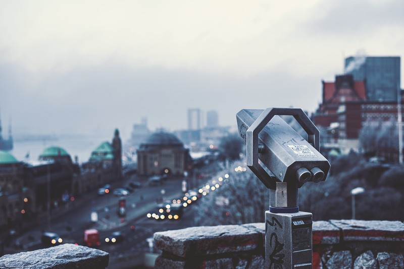 binoculars, gray, depth of field, city, traffic, cityscape