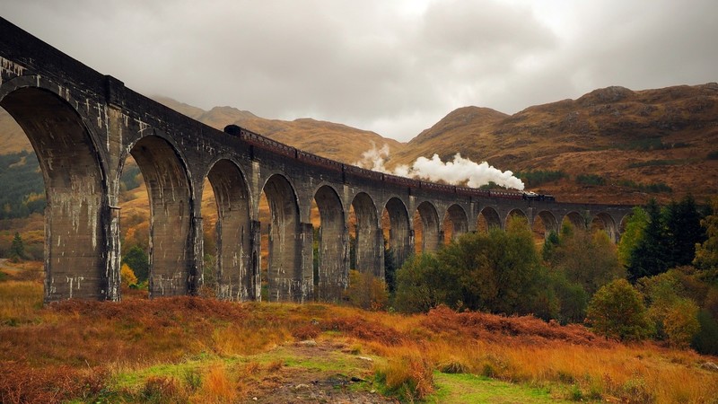 Scotland, viaduct, train, landscape, arch, bridge, railway, overcast