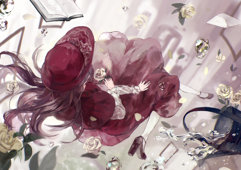 anime, anime girls, flowers, dress, hat