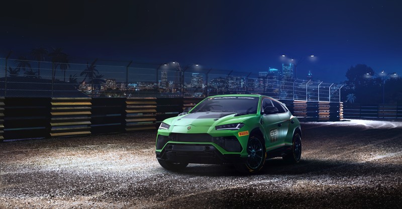 Lamborghini, Lamborghini Urus, concept cars, cityscape, night, lights, front angle view, car, supercars, sports car, racing, tracks, race tracks, dirt road, gravel, green cars, green car, exotic, Super Car, SUV, vehicle