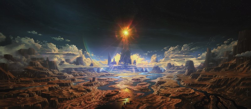 Andead, tower, mountains, clouds, fantasy art, river, canyon