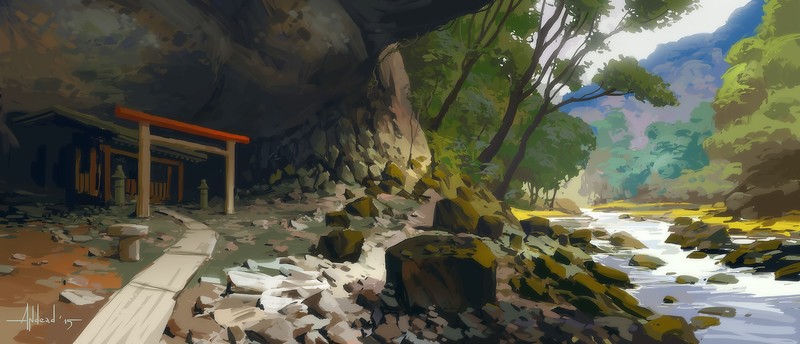 Andead, forest, Asian architecture, torii, river