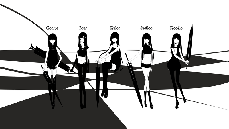 anime girls, original characters, simple background, dress, thigh-highs, long hair, shirt, shorts, sword, meganekko, glasses