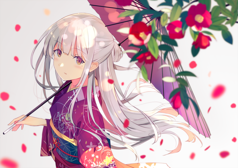 women, white hair, long hair, looking at viewer, kimono, camellia, flowers, petals, bokeh, umbrella, white background, anime girls, original characters, artwork, digital art, illustration, drawing, 2D, Ashima, anime