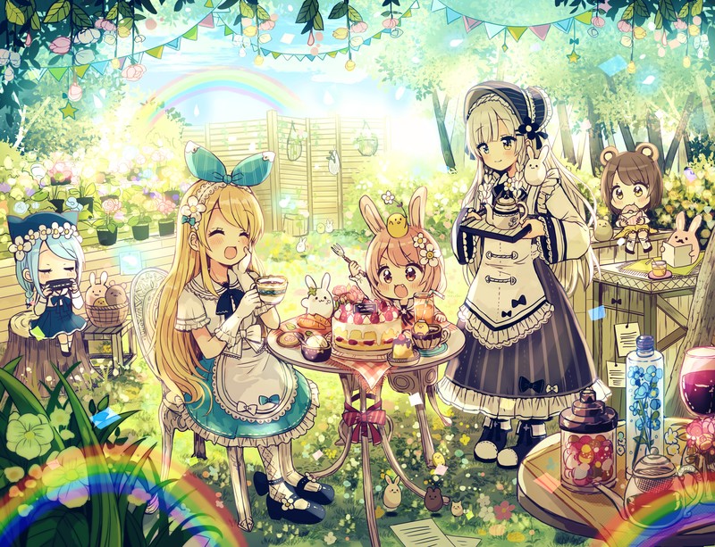 anime, anime girls, open mouth, food, cake, blonde, colorful