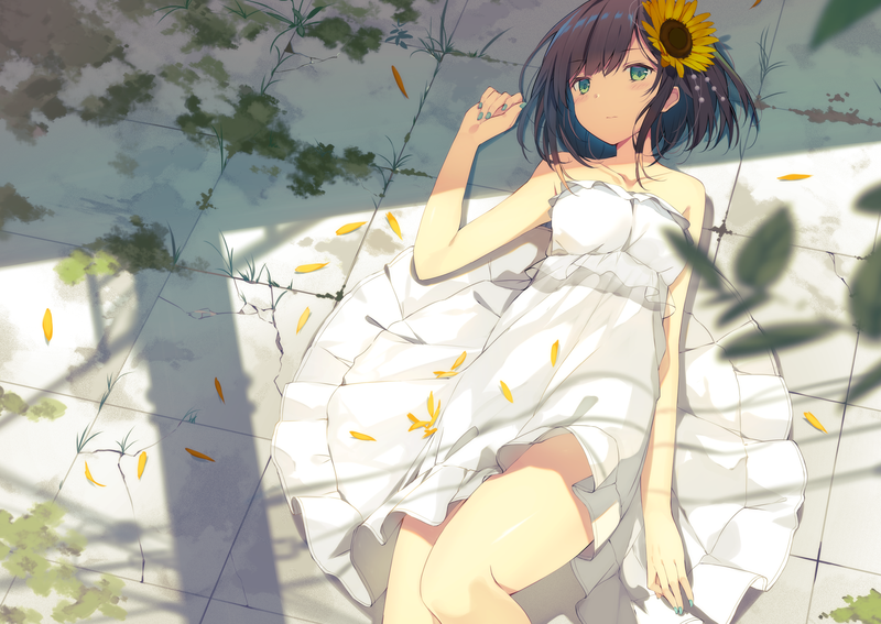 women, dark hair, flower in hair, hair ornament, green eyes, looking at viewer, dress, white dress, lying on back, on the floor, leaves, bokeh, painted nails, anime girls, original characters, artwork, digital art, illustration, drawing, 2D, Ashima, anime, sunflowers