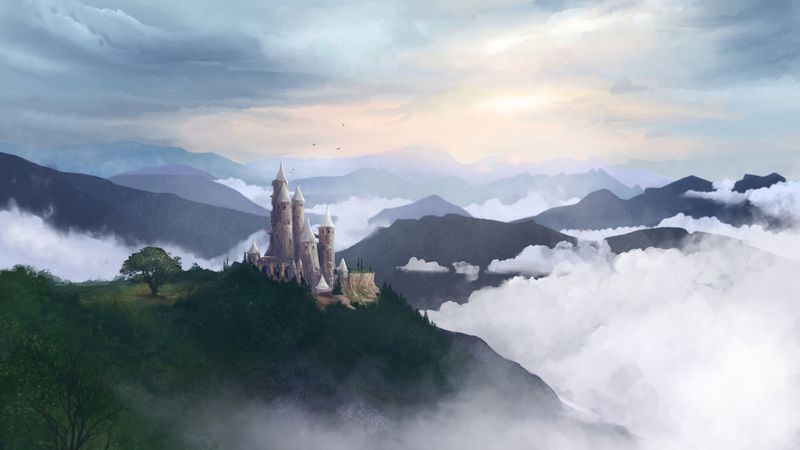 castle, fog, forest, art, 4k