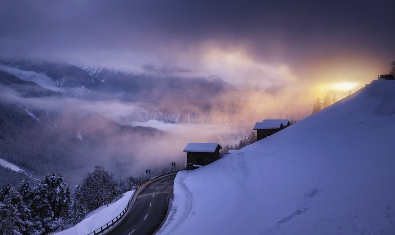 landscape, road, asphalt, winter, snow