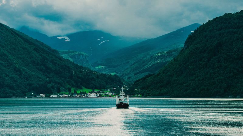 ship, boat, mountains, fog, clouds, 4k