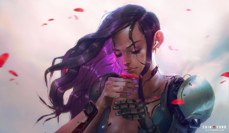 cyborg, women, flowers, petals, cyberpunk