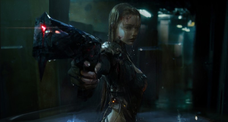 cyberpunk, rain, women, cyborg, dark, gun, digital art