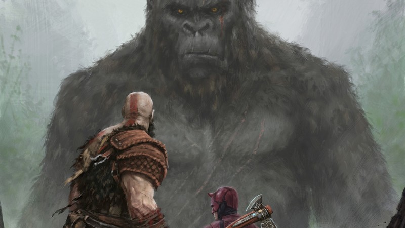 artwork, Fantasia, fantasy art, God of War, King Kong, digital, digital art, movies, fighting, Daredevil