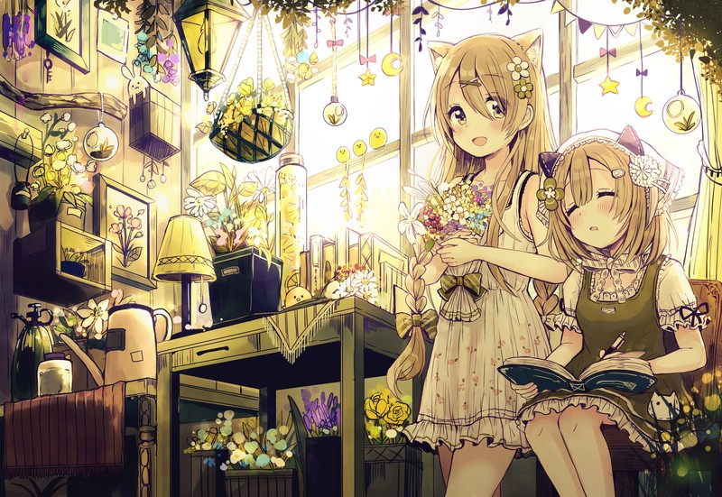 anime, anime girls, lantern, animal ears, flowers, dress, lamp, flower in hair, indoors