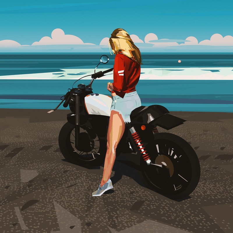 women, painting, drawing, blonde, motorcycle, jean shorts, blouse, long hair, sea, water, sneakers, Yun Ling
