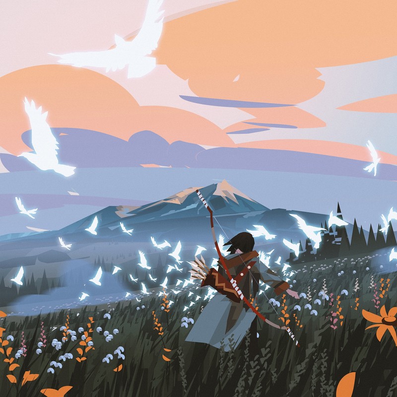 women, brunette, short hair, archer, bow, arrows, field, nature, bag, mountains, flowers, trees, painting, drawing, Yun Ling