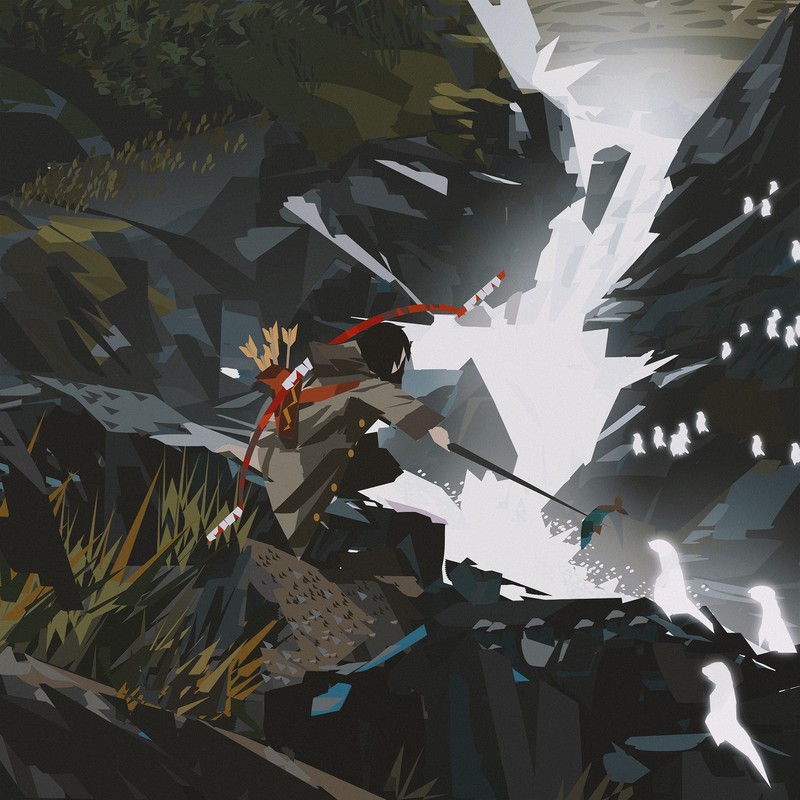 women, brunette, short hair, archer, bow, arrows, nature, bag, waterfall, fish, rocks, painting, drawing, Yun Ling