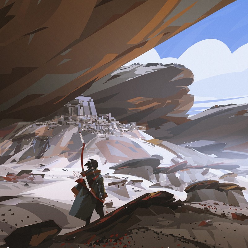 women, brunette, short hair, archer, bow, arrows, snow, field, nature, bag, mountains, rocks, painting, drawing, Yun Ling, Lara Croft