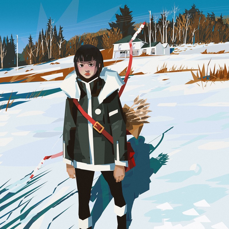 women, brunette, short hair, archer, bow, arrows, coats, snow, nature, bag, trees, painting, drawing, Yun Ling