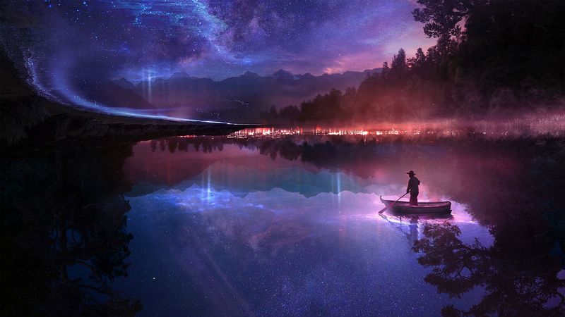 boat, river, loneliness, night, art, 4k