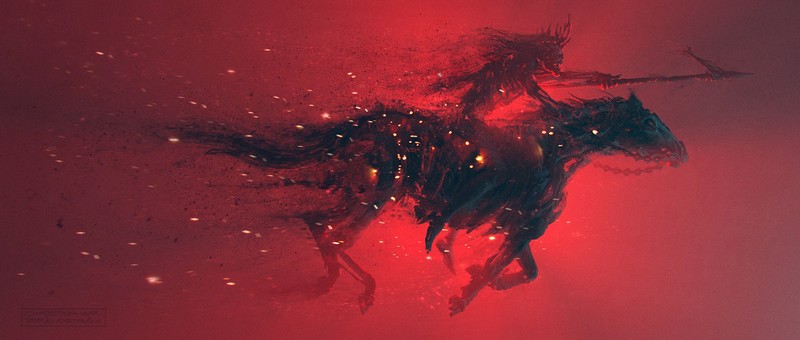 horse, skeleton, digital, dead, spear, artwork, red