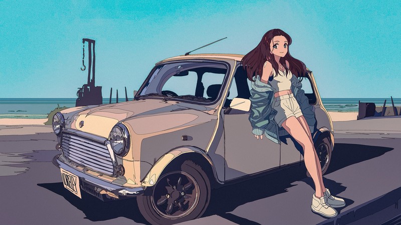 car, beach, jacket, anime girls, Mini, RS Watanabe, beige