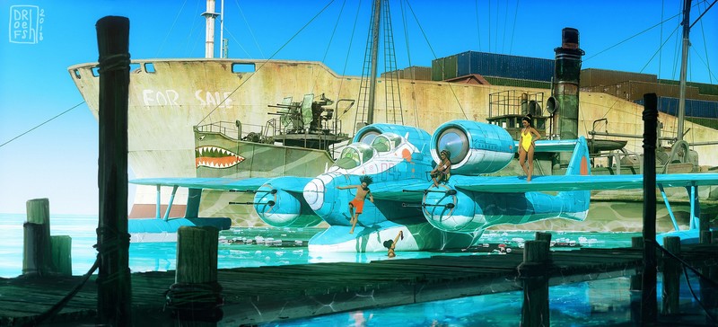 ArtStation, artwork, vehicle, aircraft, ship, pier, 2018 (Year), cyan
