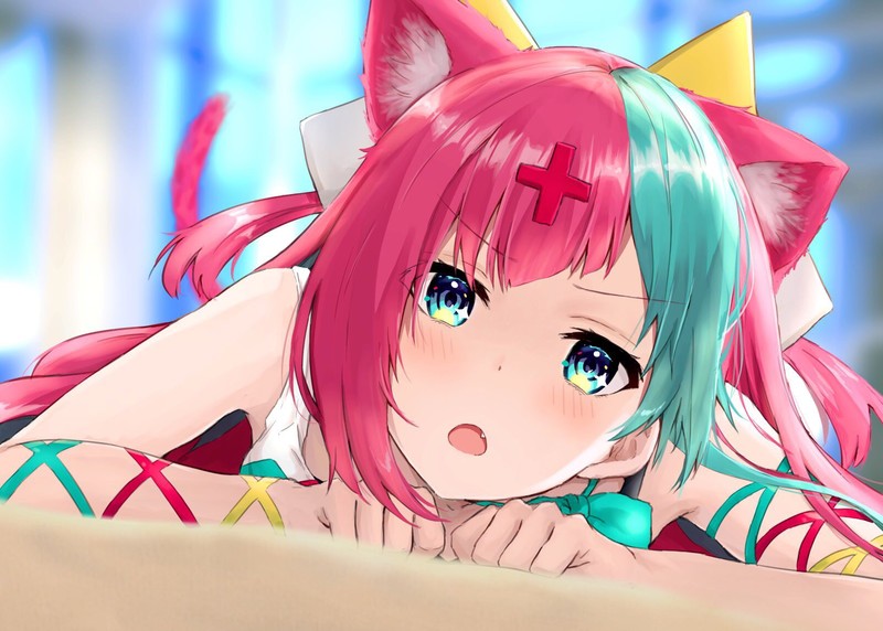 anime girls, anime, pink hair, blue eyes, animal ears, open mouth