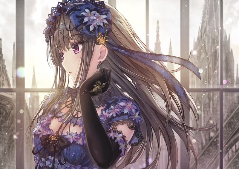 anime girls, anime, purple eyes, brunette, long hair