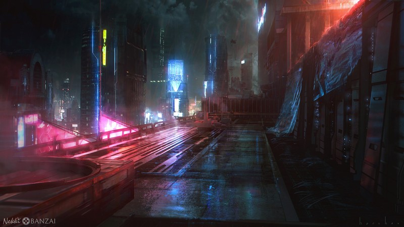 futuristic, cyberpunk, architecture, night, neon, lights