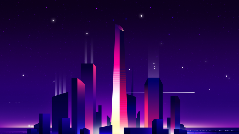vector graphics, cityscape, purple, sky, digital art